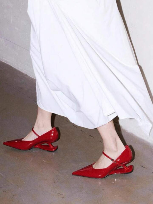 CM-SHS656326 Women Trendy Seoul Style Bowknot Mary Jane Pointed Toe Pumps - Red