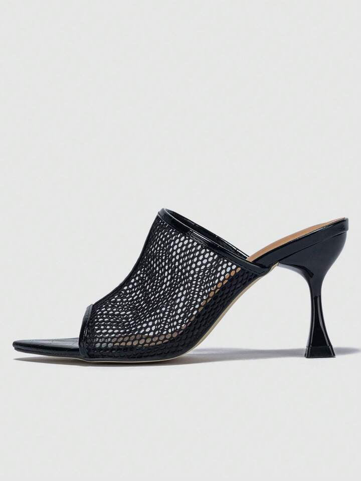 CM-SHS709887 Women Trendy Seoul Style Embossed Pyramid Mesh Mule Heeled Sandals - Black