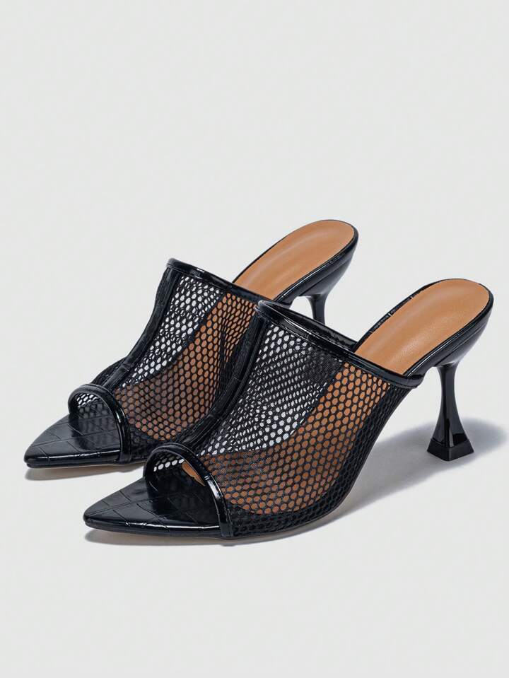 CM-SHS709887 Women Trendy Seoul Style Embossed Pyramid Mesh Mule Heeled Sandals - Black
