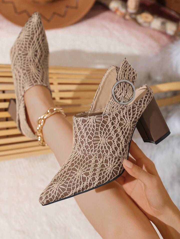 CM-SHS286680 Women Trendy Seoul Style Embroidered PU Material Pointed Toe Chunky High Heel Shoes With Ankle Strap