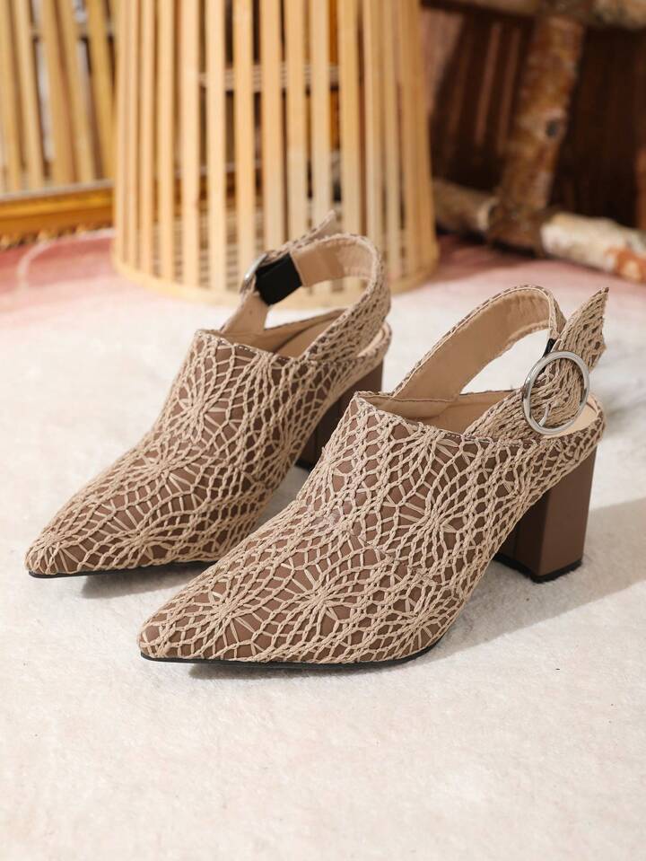 CM-SHS286680 Women Trendy Seoul Style Embroidered PU Material Pointed Toe Chunky High Heel Shoes With Ankle Strap