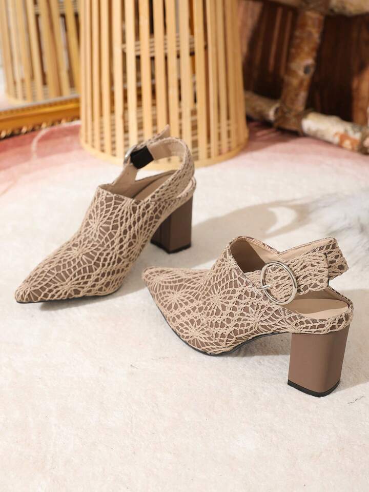 CM-SHS286680 Women Trendy Seoul Style Embroidered PU Material Pointed Toe Chunky High Heel Shoes With Ankle Strap