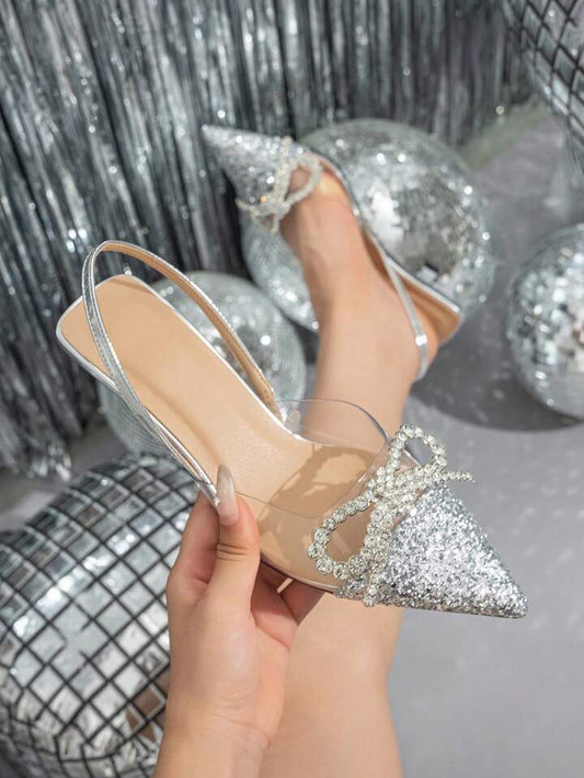 CM-SHS736283 Women Trendy Seoul Style Bow Rhinestone Decor Pointed Toe Slingback Pumps - Silver