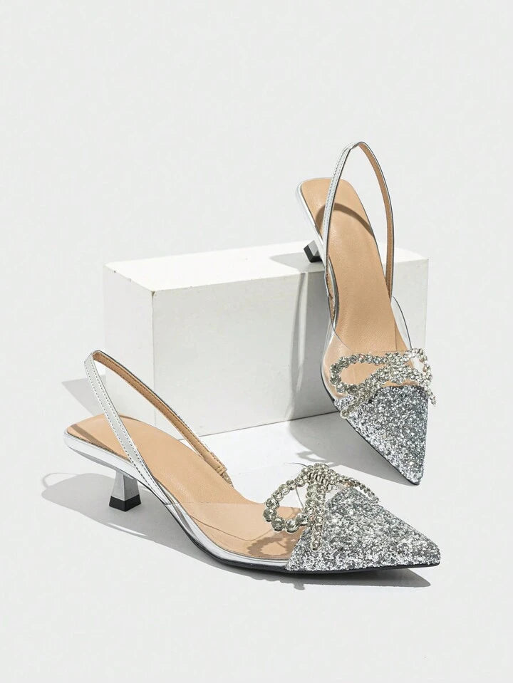CM-SHS736283 Women Trendy Seoul Style Bow Rhinestone Decor Pointed Toe Slingback Pumps - Silver