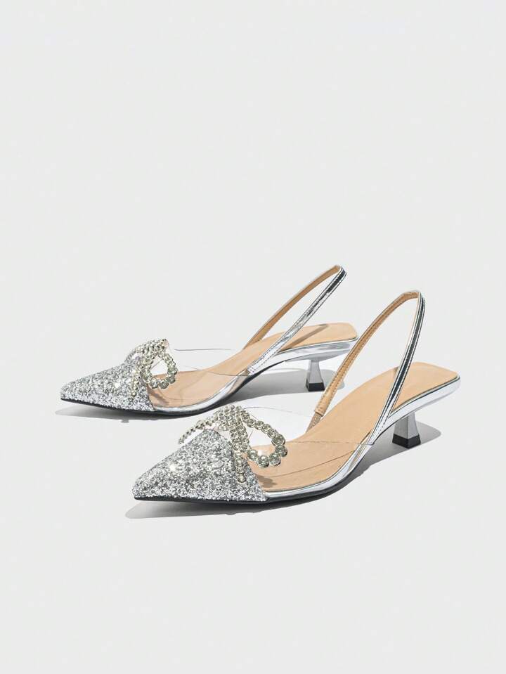 CM-SHS736283 Women Trendy Seoul Style Bow Rhinestone Decor Pointed Toe Slingback Pumps - Silver