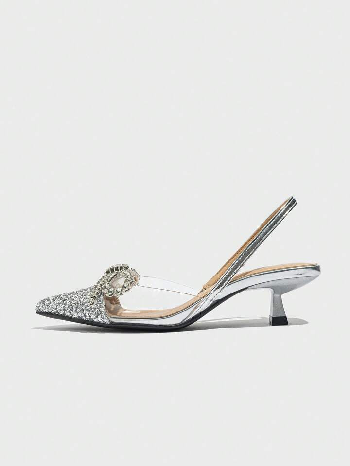 CM-SHS736283 Women Trendy Seoul Style Bow Rhinestone Decor Pointed Toe Slingback Pumps - Silver