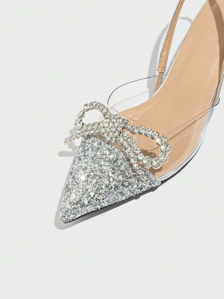 CM-SHS736283 Women Trendy Seoul Style Bow Rhinestone Decor Pointed Toe Slingback Pumps - Silver