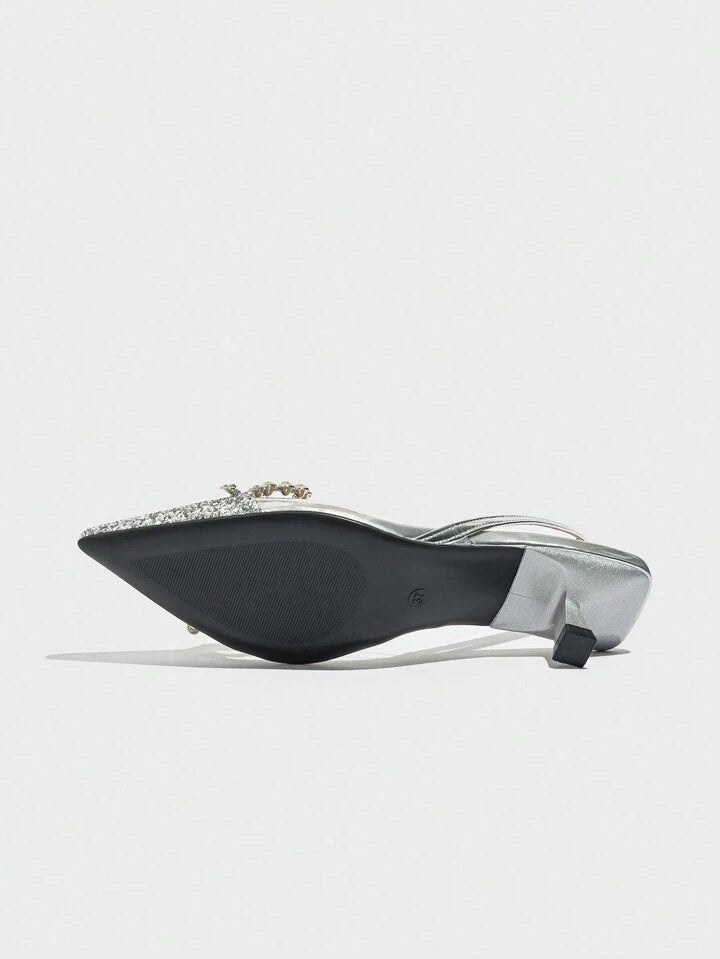 CM-SHS736283 Women Trendy Seoul Style Bow Rhinestone Decor Pointed Toe Slingback Pumps - Silver