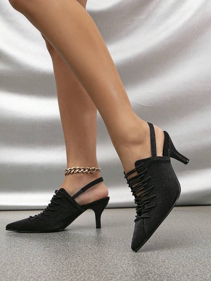 CM-SHS636424 Women Trendy Seoul Style Hollow Out Pointed Toe Strap Mule High Heel Sandals - Black