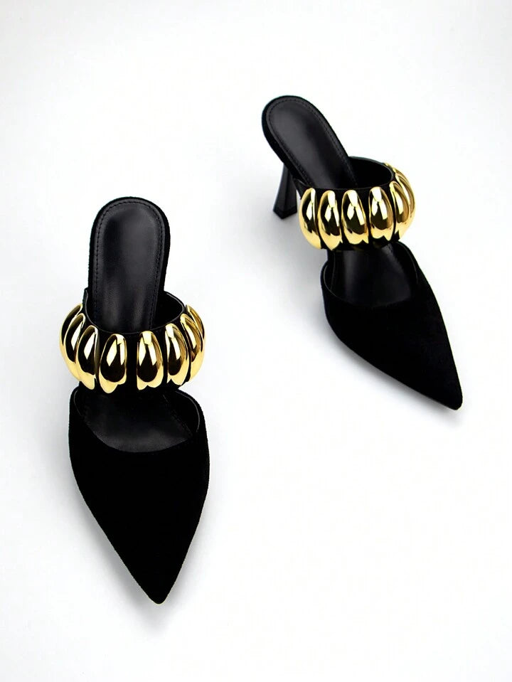 CM-SHS560850 Women Trendy Seoul Style Velvet Pointed Toe High-Heeled Mule Shoe With Gold Metal Buckle Decoration - Black