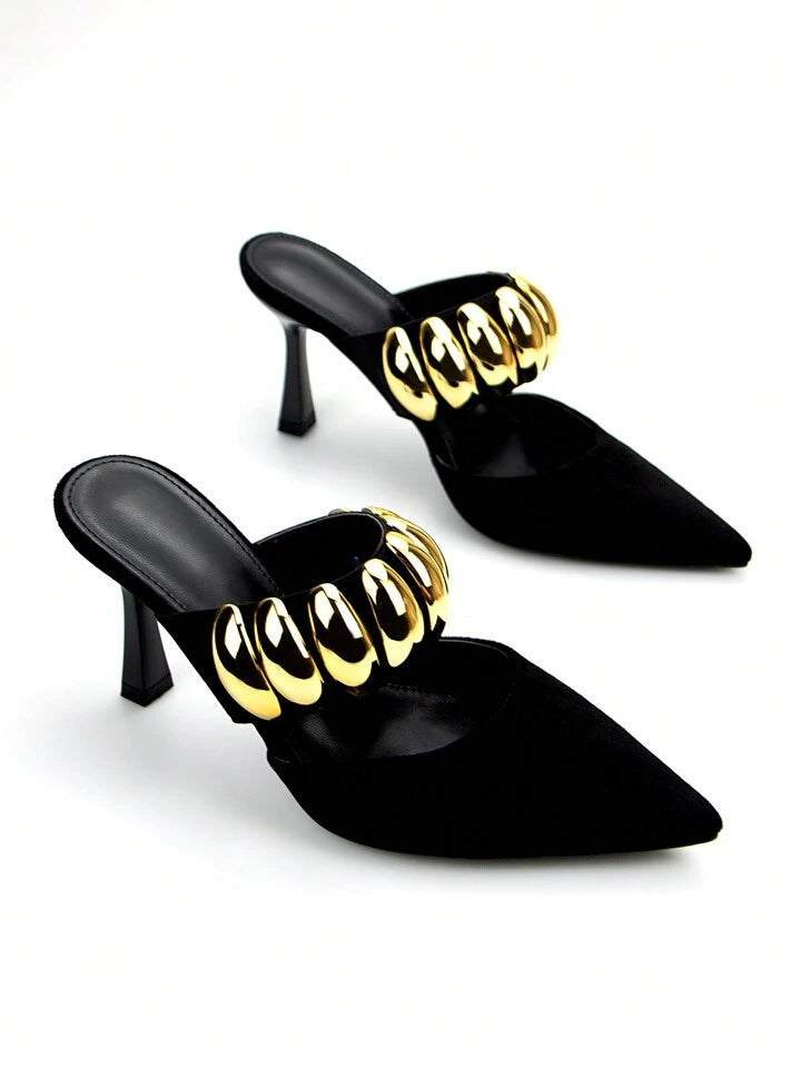 CM-SHS560850 Women Trendy Seoul Style Velvet Pointed Toe High-Heeled Mule Shoe With Gold Metal Buckle Decoration - Black