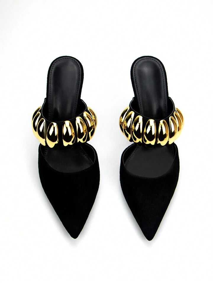 CM-SHS560850 Women Trendy Seoul Style Velvet Pointed Toe High-Heeled Mule Shoe With Gold Metal Buckle Decoration - Black