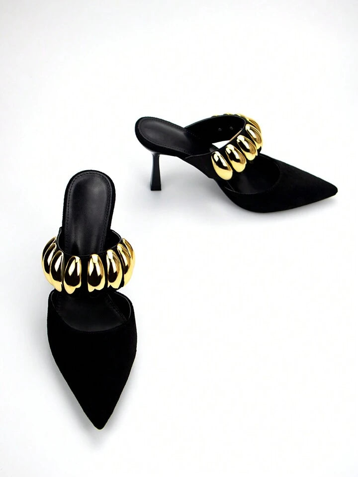 CM-SHS560850 Women Trendy Seoul Style Velvet Pointed Toe High-Heeled Mule Shoe With Gold Metal Buckle Decoration - Black
