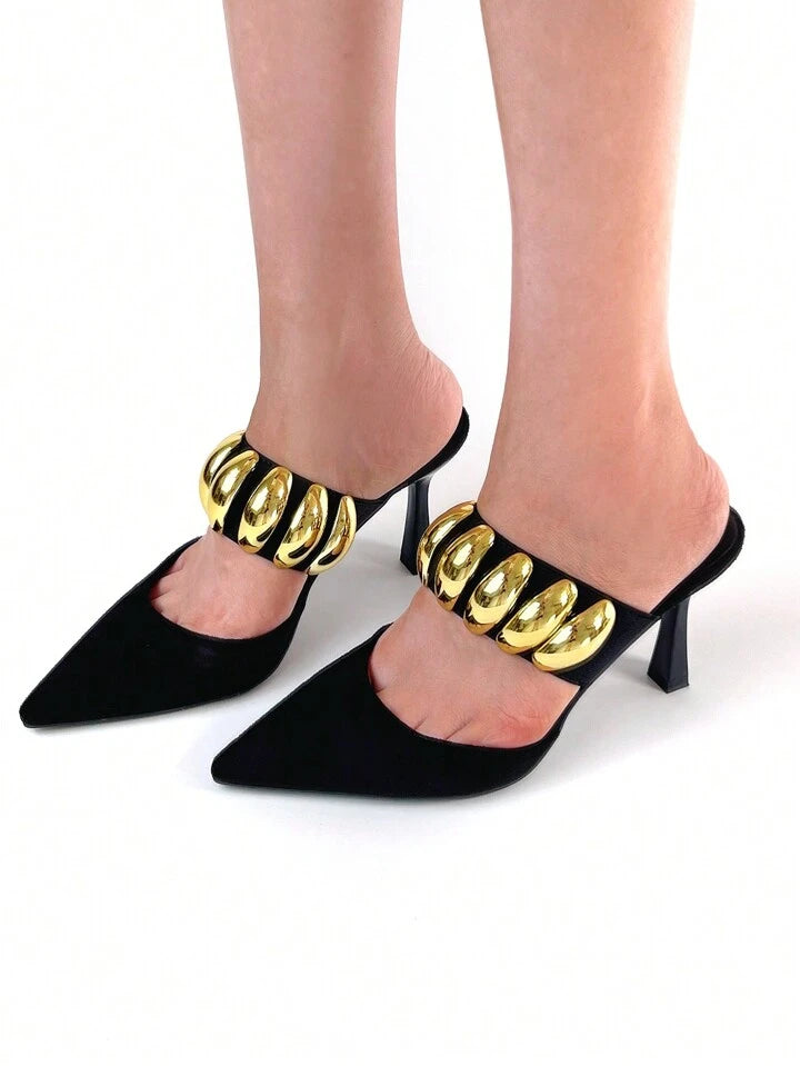 CM-SHS560850 Women Trendy Seoul Style Velvet Pointed Toe High-Heeled Mule Shoe With Gold Metal Buckle Decoration - Black