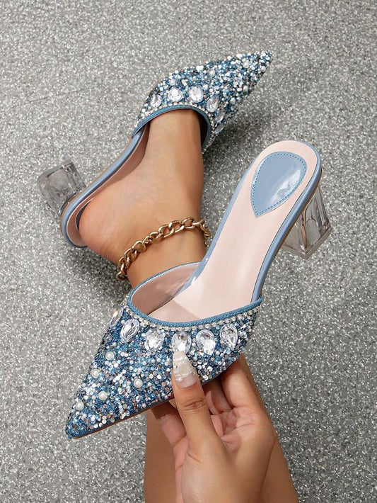 CM-SHS719159 Women Trendy Seoul Style Transparent Crystal Chunky Pointed Toe Slip-On Heel - Blue