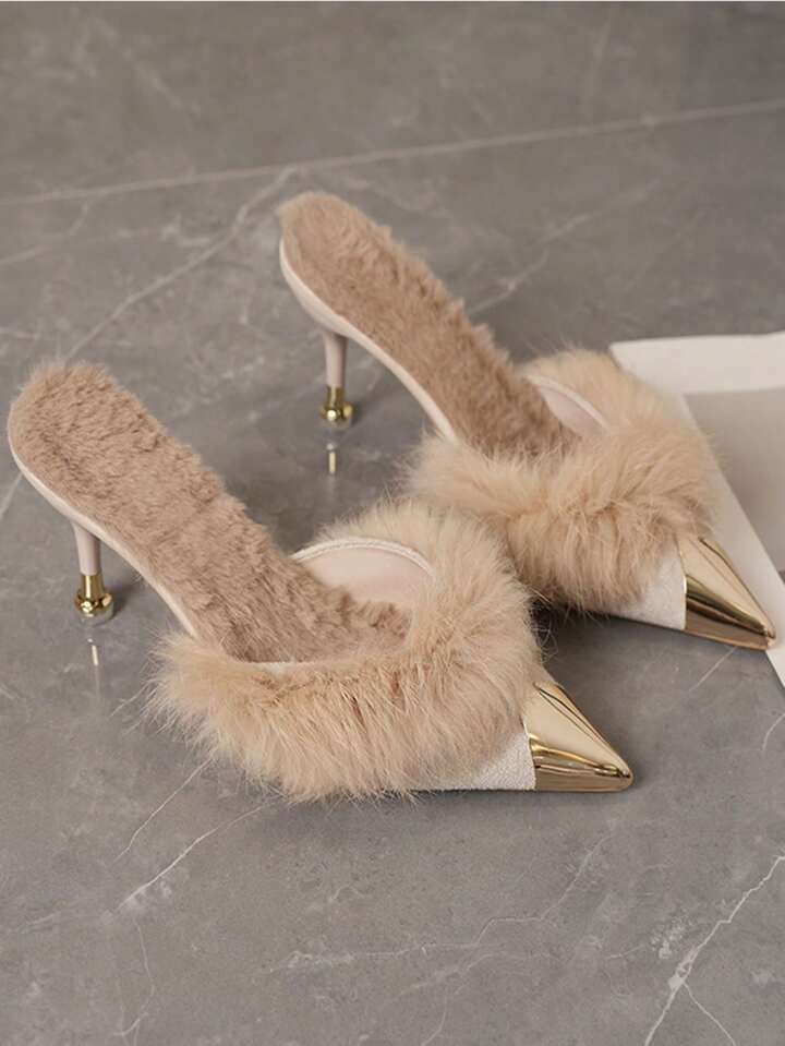 CM-SHS811606 Women Trendy Seoul Style Furry Closed-Toe Slip-On High Heel Slippers With Metal Decor - Beige