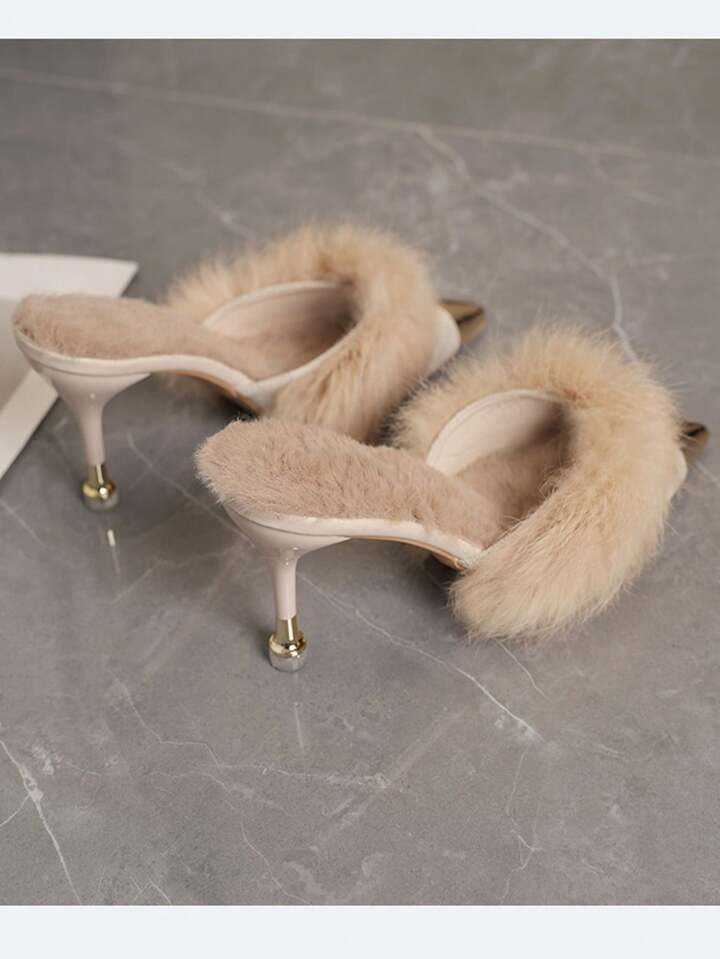CM-SHS811606 Women Trendy Seoul Style Furry Closed-Toe Slip-On High Heel Slippers With Metal Decor - Beige