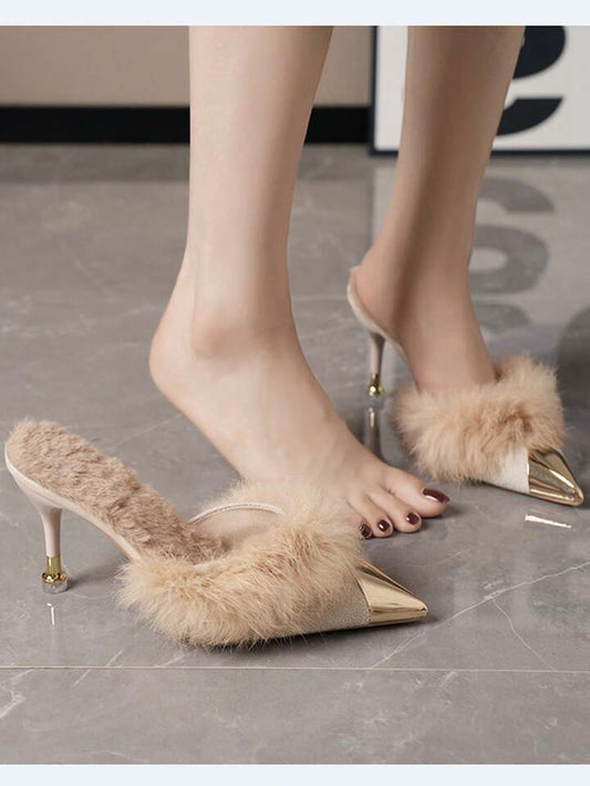 CM-SHS811606 Women Trendy Seoul Style Furry Closed-Toe Slip-On High Heel Slippers With Metal Decor - Beige