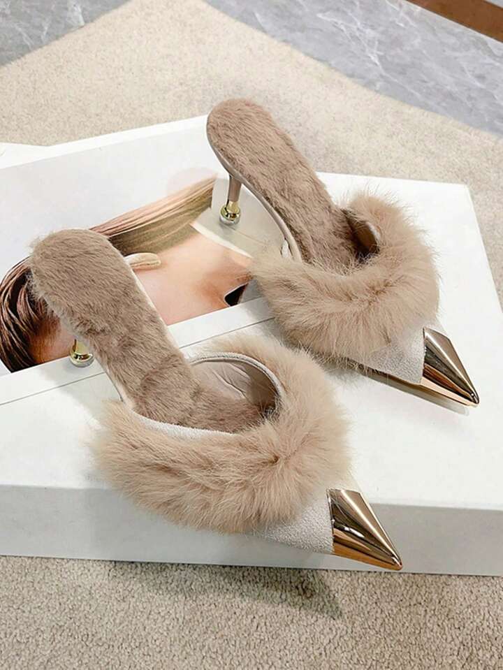 CM-SHS811606 Women Trendy Seoul Style Furry Closed-Toe Slip-On High Heel Slippers With Metal Decor - Beige