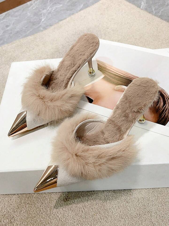 CM-SHS811606 Women Trendy Seoul Style Furry Closed-Toe Slip-On High Heel Slippers With Metal Decor - Beige