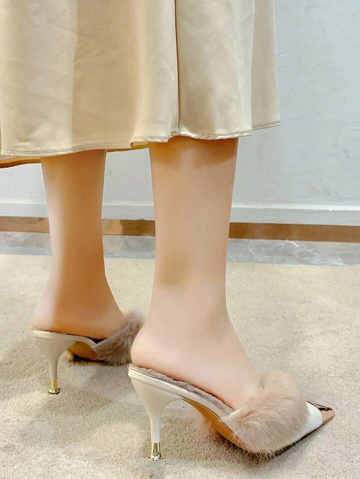 CM-SHS811606 Women Trendy Seoul Style Furry Closed-Toe Slip-On High Heel Slippers With Metal Decor - Beige