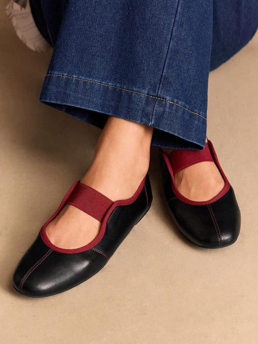CM-SHS224224 Women Trendy Seoul Style Round Toe Elastic Leather Ballet Shoes - Black