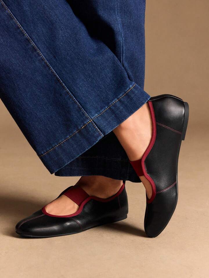 CM-SHS224224 Women Trendy Seoul Style Round Toe Elastic Leather Ballet Shoes - Black