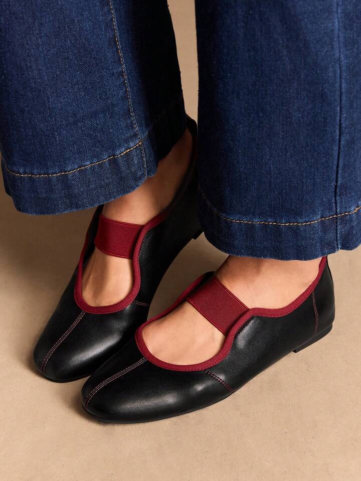 CM-SHS224224 Women Trendy Seoul Style Round Toe Elastic Leather Ballet Shoes - Black