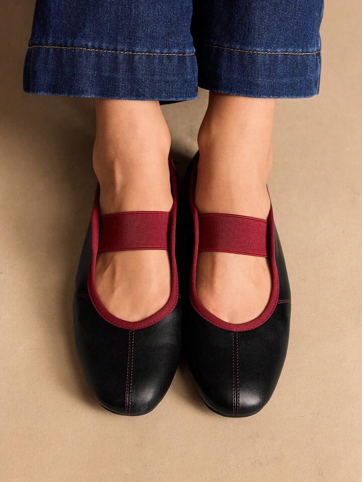 CM-SHS224224 Women Trendy Seoul Style Round Toe Elastic Leather Ballet Shoes - Black