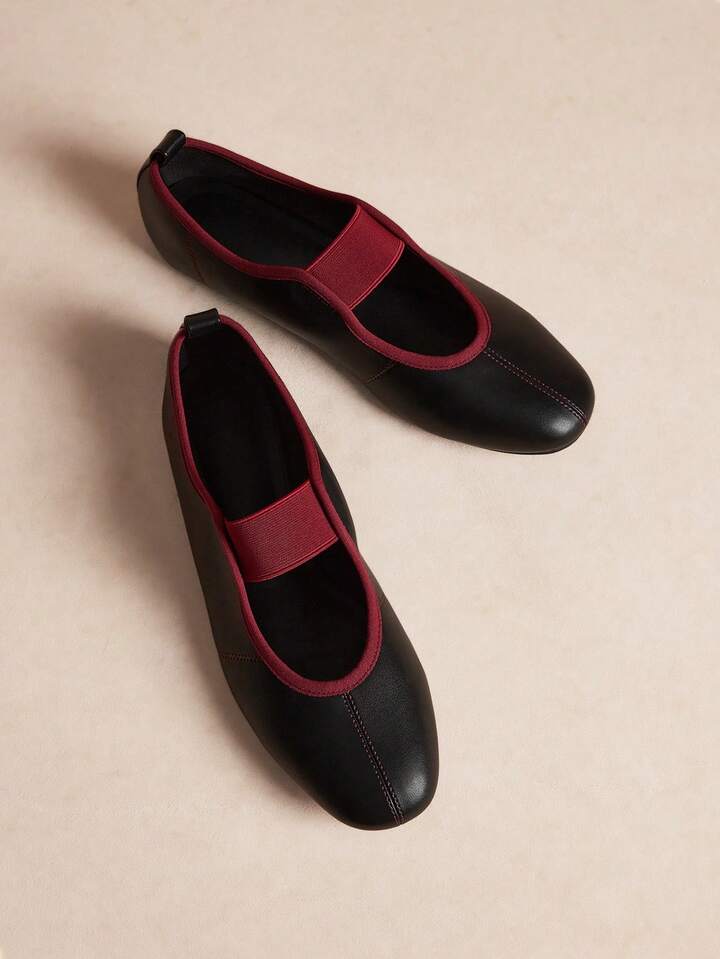 CM-SHS224224 Women Trendy Seoul Style Round Toe Elastic Leather Ballet Shoes - Black