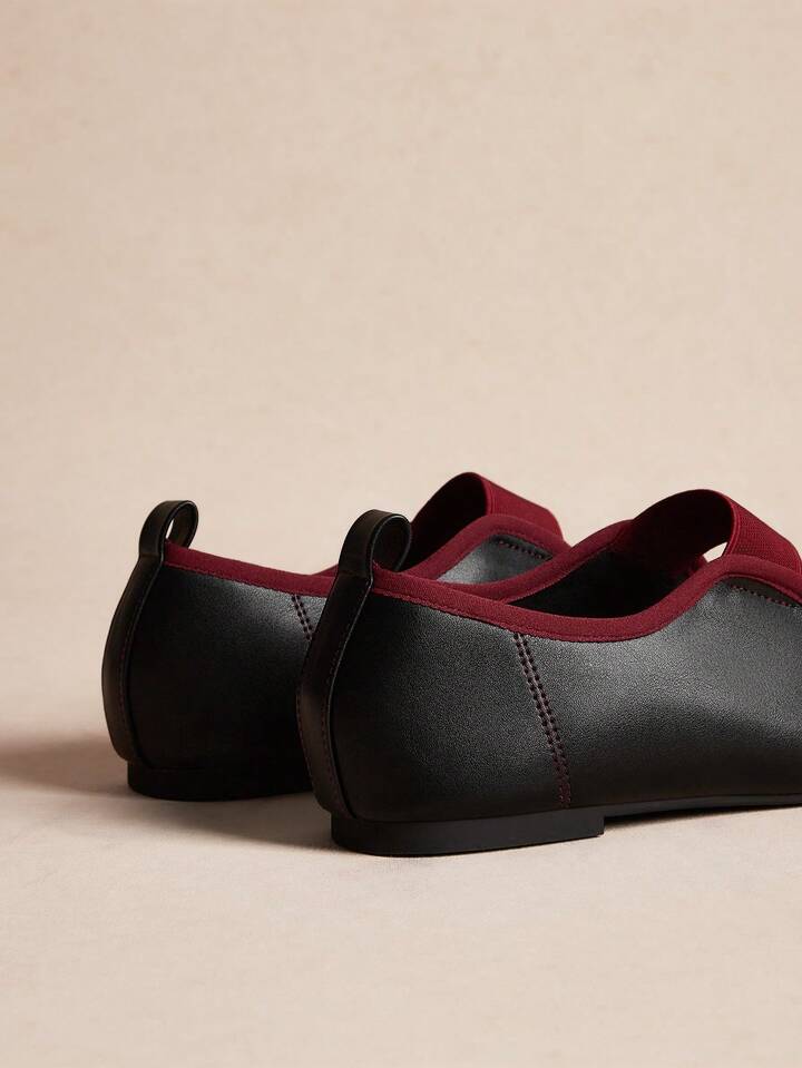 CM-SHS224224 Women Trendy Seoul Style Round Toe Elastic Leather Ballet Shoes - Black