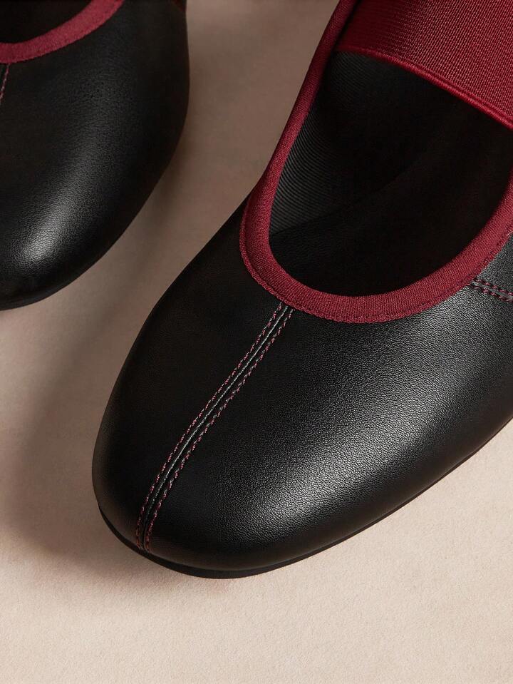 CM-SHS224224 Women Trendy Seoul Style Round Toe Elastic Leather Ballet Shoes - Black