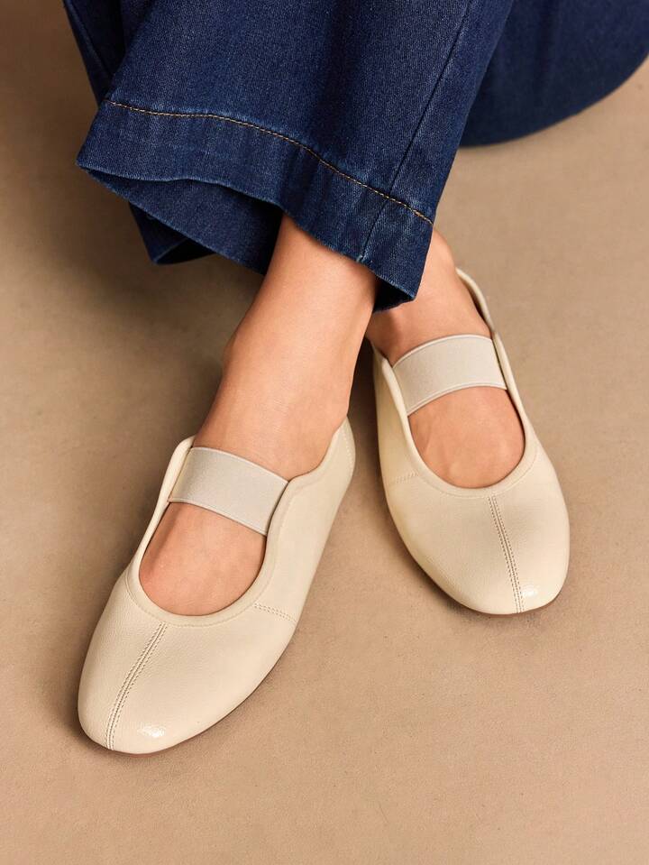 CM-SHS081434 Women Trendy Seoul Style Round Toe Elastic Leather Ballet Shoes - Beige
