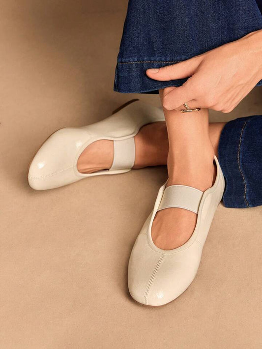 CM-SHS081434 Women Trendy Seoul Style Round Toe Elastic Leather Ballet Shoes - Beige