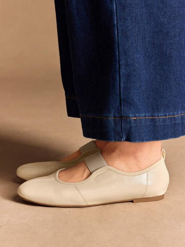 CM-SHS081434 Women Trendy Seoul Style Round Toe Elastic Leather Ballet Shoes - Beige