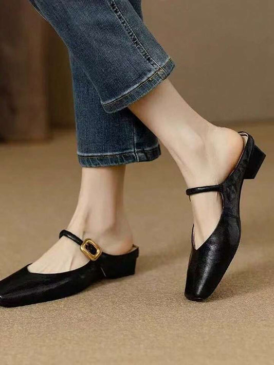 CM-SHS207666 Women Trendy Seoul Style Solid Color Buckle Detail PU Leather Slip-On Flat Shoes - Black