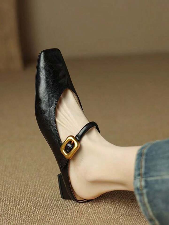CM-SHS207666 Women Trendy Seoul Style Solid Color Buckle Detail PU Leather Slip-On Flat Shoes - Black
