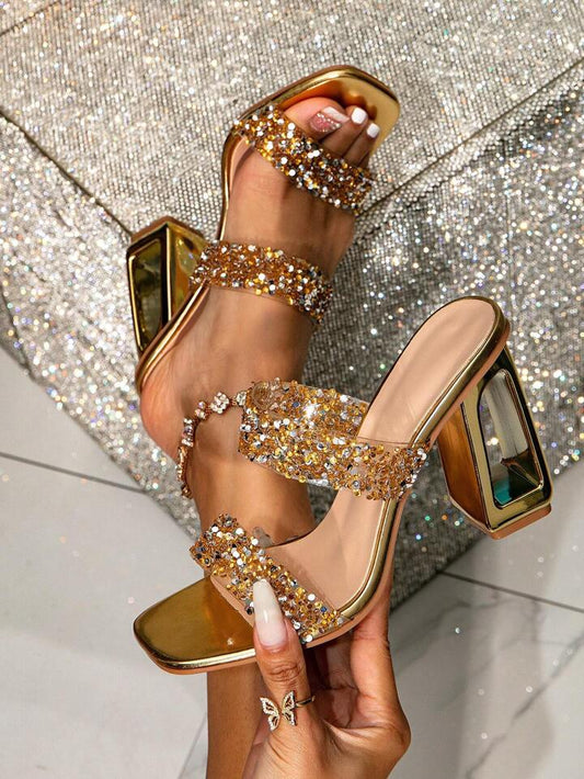 CM-SHS722806 Women Trendy Seoul Style Clear Toe Design Crystal Heel PVC Transparent Chunky Heel Mule Sandals - Gold