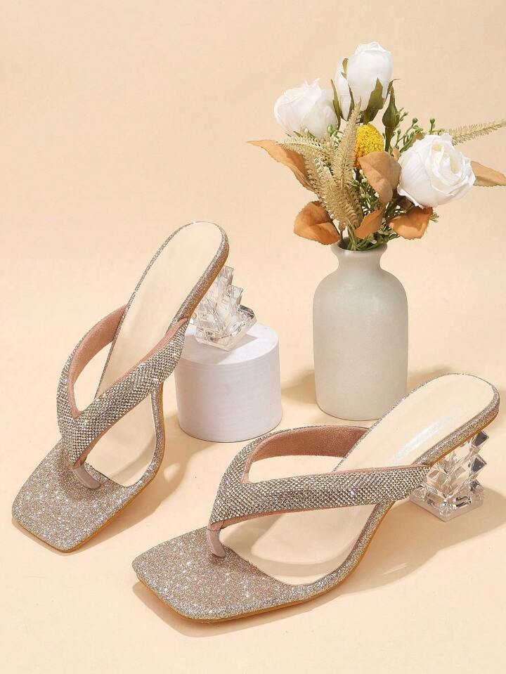 CM-SHS825508 Women Trendy Seoul Style Rhinestone Decor Sculptural Heeled Thong Sandals - Gold