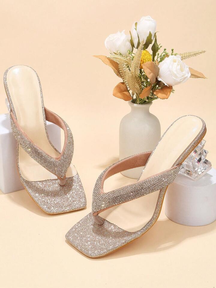 CM-SHS825508 Women Trendy Seoul Style Rhinestone Decor Sculptural Heeled Thong Sandals - Gold