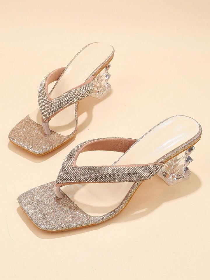 CM-SHS825508 Women Trendy Seoul Style Rhinestone Decor Sculptural Heeled Thong Sandals - Gold