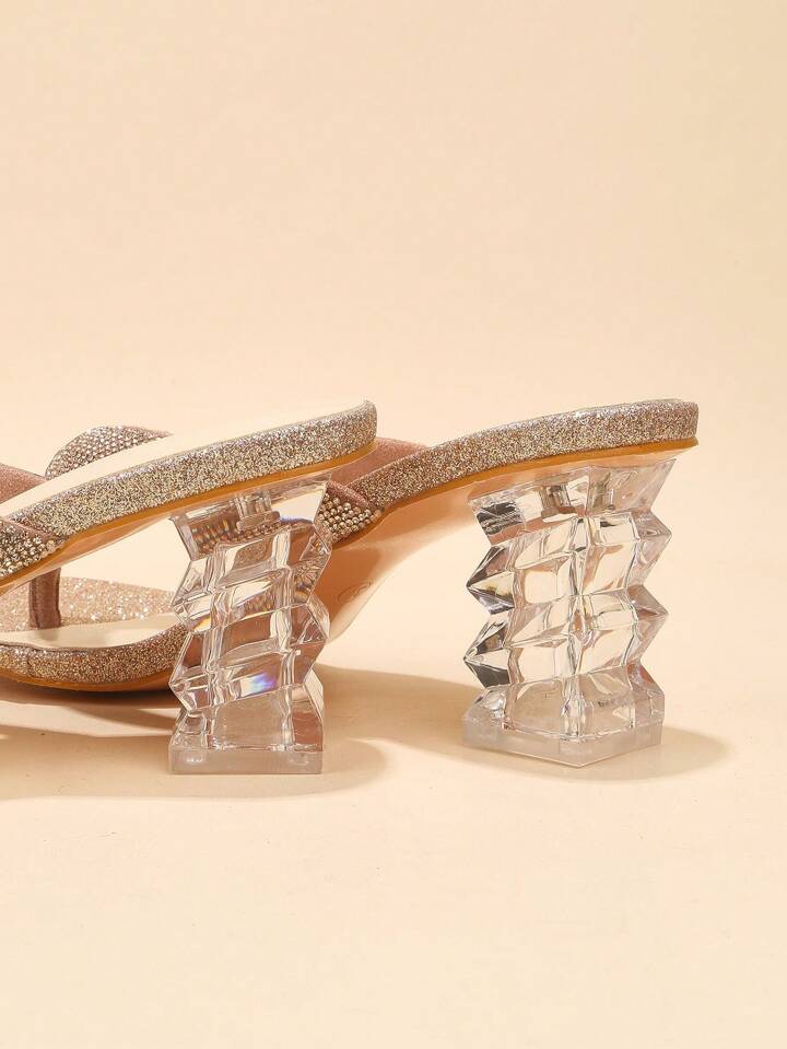 CM-SHS825508 Women Trendy Seoul Style Rhinestone Decor Sculptural Heeled Thong Sandals - Gold