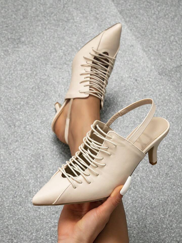 CM-SHS655655 Women Trendy Seoul Style Hollow Out Pointed Toe Strap Mule High Heel Sandals - Apricot