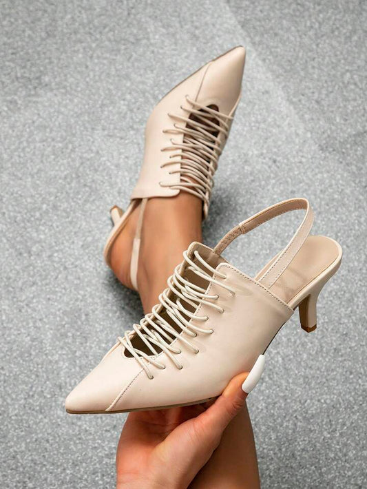 CM-SHS655655 Women Trendy Seoul Style Hollow Out Pointed Toe Strap Mule High Heel Sandals - Apricot