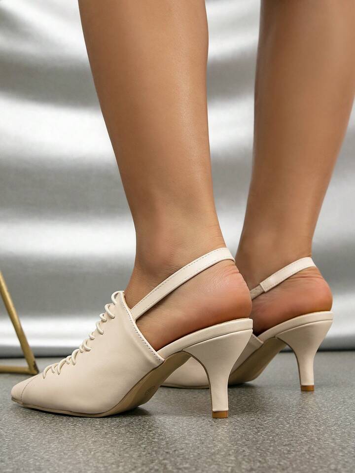 CM-SHS655655 Women Trendy Seoul Style Hollow Out Pointed Toe Strap Mule High Heel Sandals - Apricot