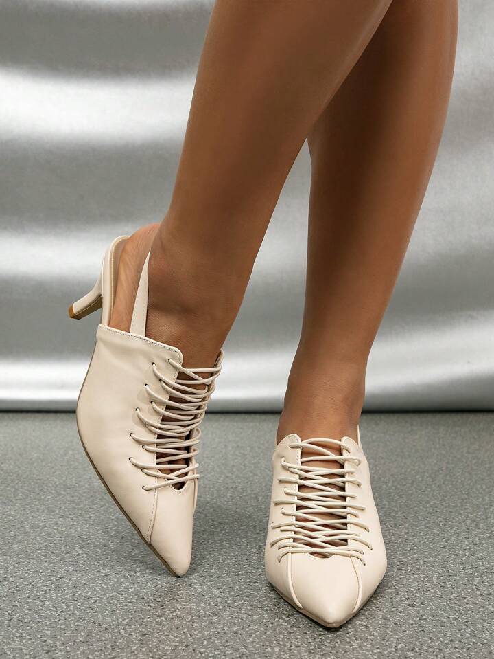 CM-SHS655655 Women Trendy Seoul Style Hollow Out Pointed Toe Strap Mule High Heel Sandals - Apricot