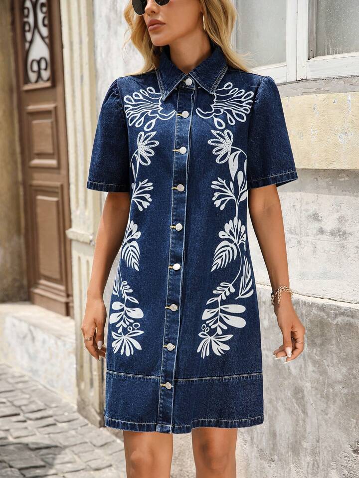 CM-DS771762 Women Casual Seoul Style Collar Neckline Short Sleeve Embroidery Button Front Denim Dress - Blue