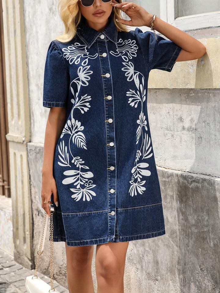 CM-DS771762 Women Casual Seoul Style Collar Neckline Short Sleeve Embroidery Button Front Denim Dress - Blue