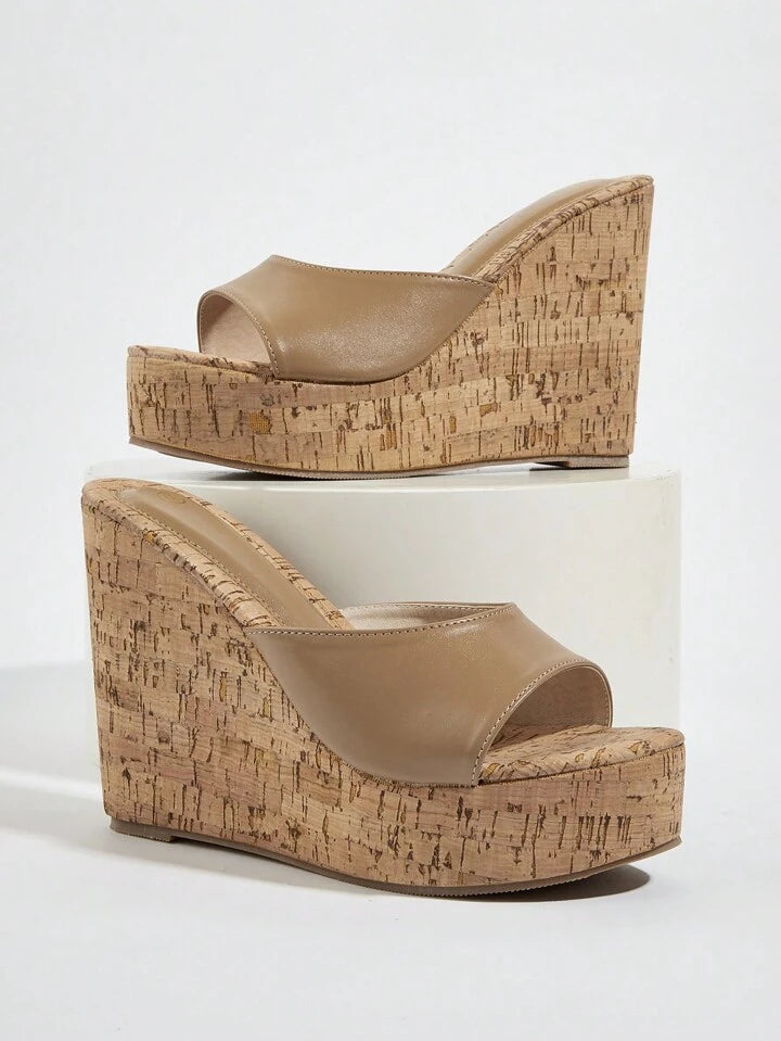 CM-SHS287797 Women Trendy Seoul Style Sloping Wide Strap Wedge Heeled Mules - Khaki