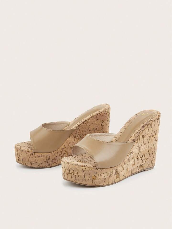 CM-SHS287797 Women Trendy Seoul Style Sloping Wide Strap Wedge Heeled Mules - Khaki
